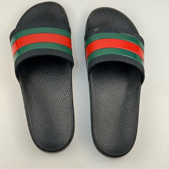 Gucci Black Slides Red Green Web Sandals Men’s Size 8 Luxury Classic Preppy - Picture 7 of 14